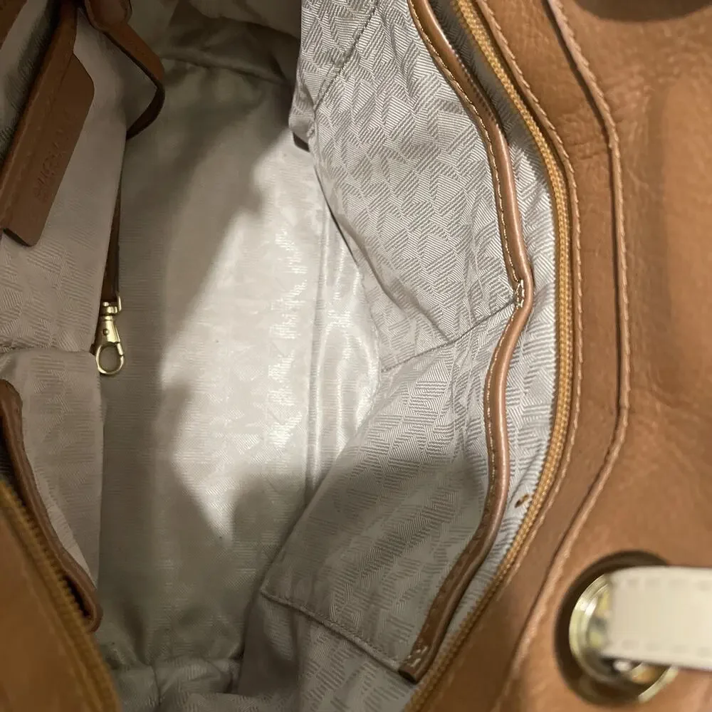 Michael Kors Bedford Pebbled Leather Brown Top Zip Pocket Handbag Tote Bag